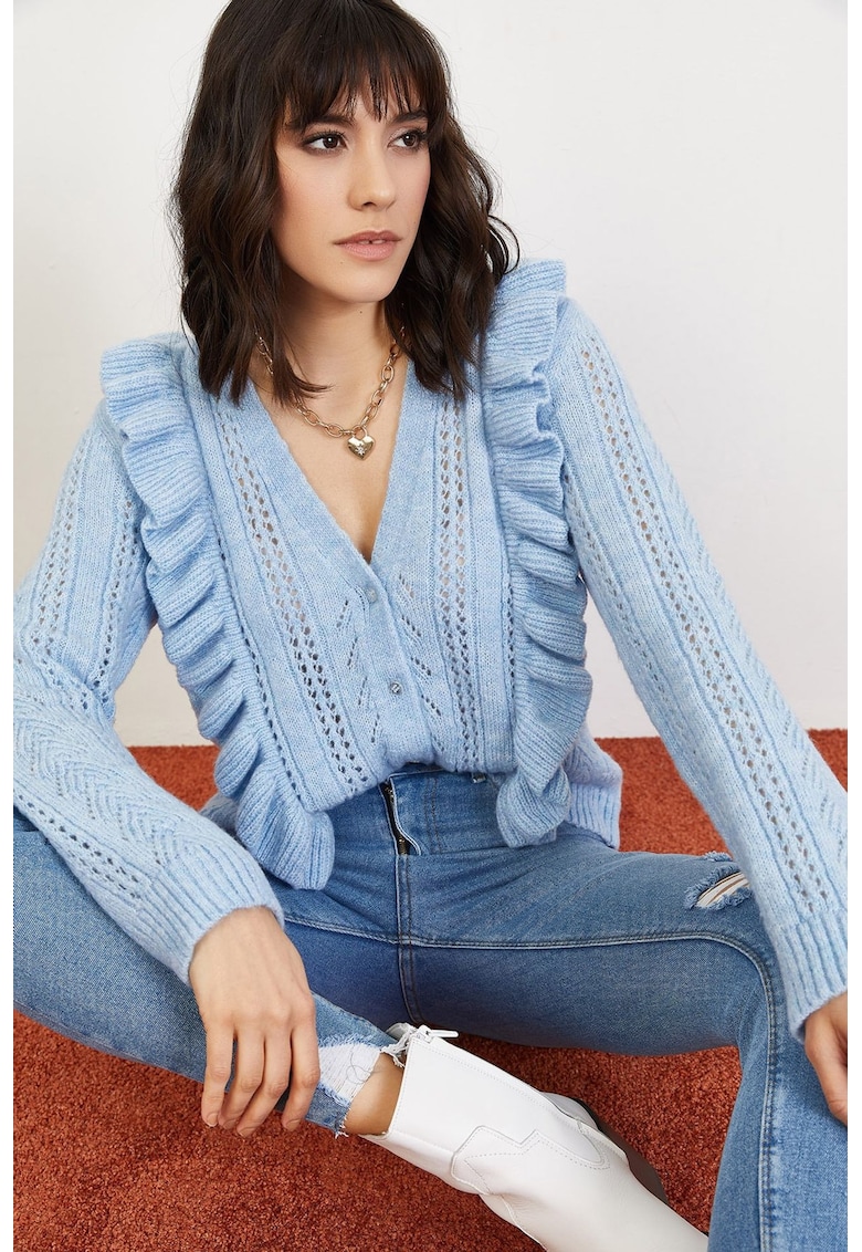 Cardigan dama - jacquard - maneca lunga - albastru - tricot -