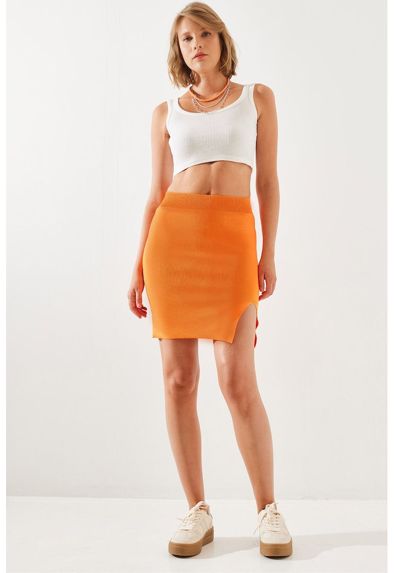 Fusta mini - talie inalta - crapatura - mandarina - textil -