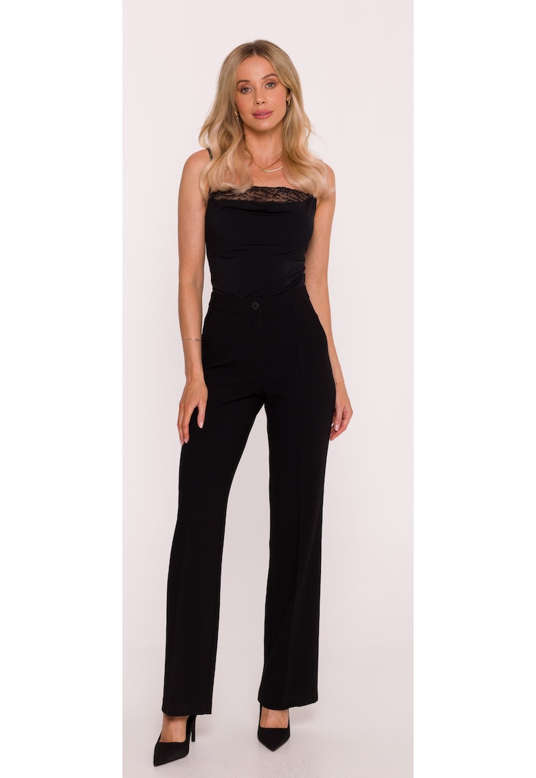 Pantaloni pentru femei - S418 Negru Pantaloni de costum - Talie medie - Picioare drepte - Buzunare laterale - Inchizatoare cu nasture si fermoar ascuns