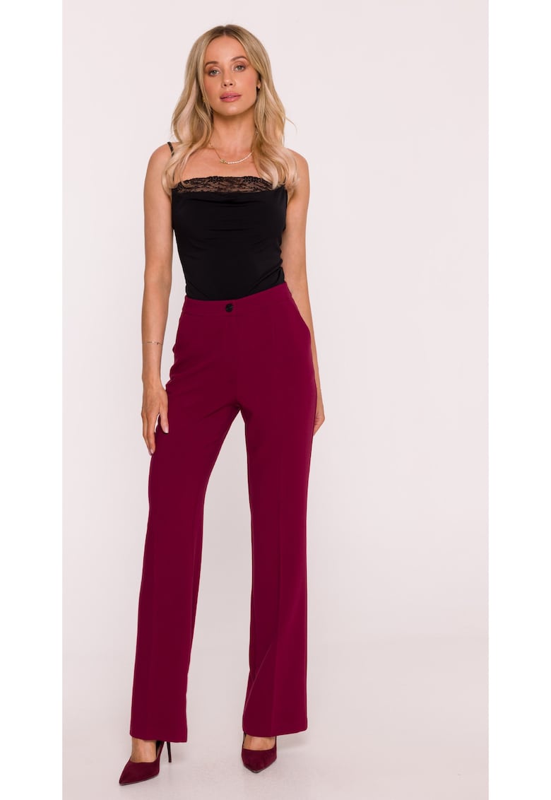 Pantaloni pentru femei - S418 Bordeaux Pantaloni de costum - Talie medie - Picioare drepte - Buzunare laterale - cu nasture si fermoar ascuns - cu