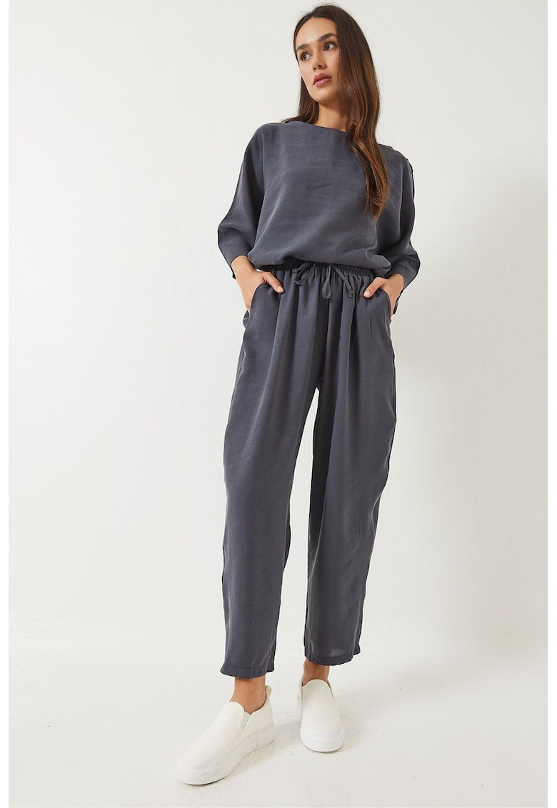 Costum dama - set doua piese coordonate - guler tip barca - gri carbune - poliester -