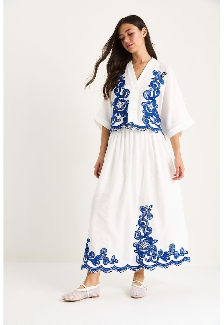 Set costume dama - camasa supradimensionata - maneci 3/4 - pantaloni largi - alb/albastru - textil