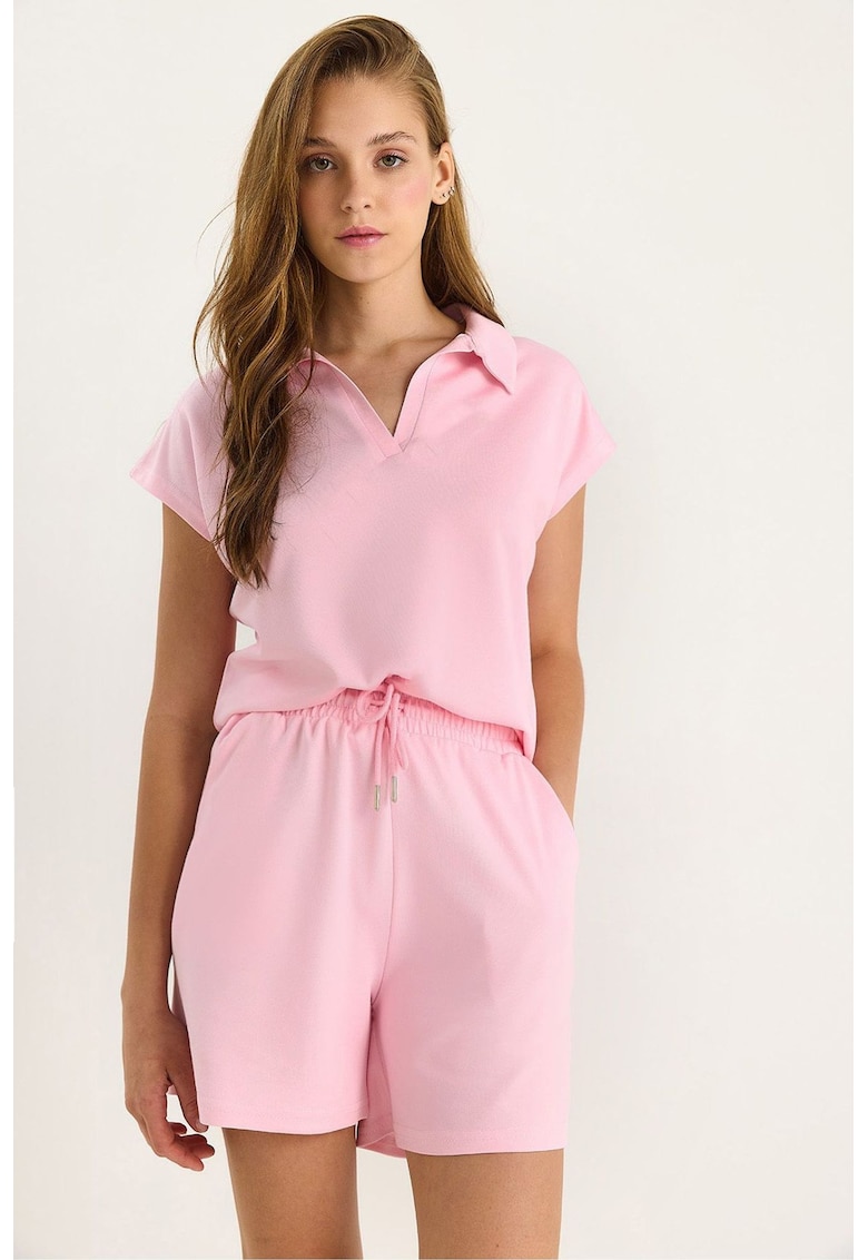 Set tricou si pantaloni scurti dama - jerseu - talie inalta - roz aprins -