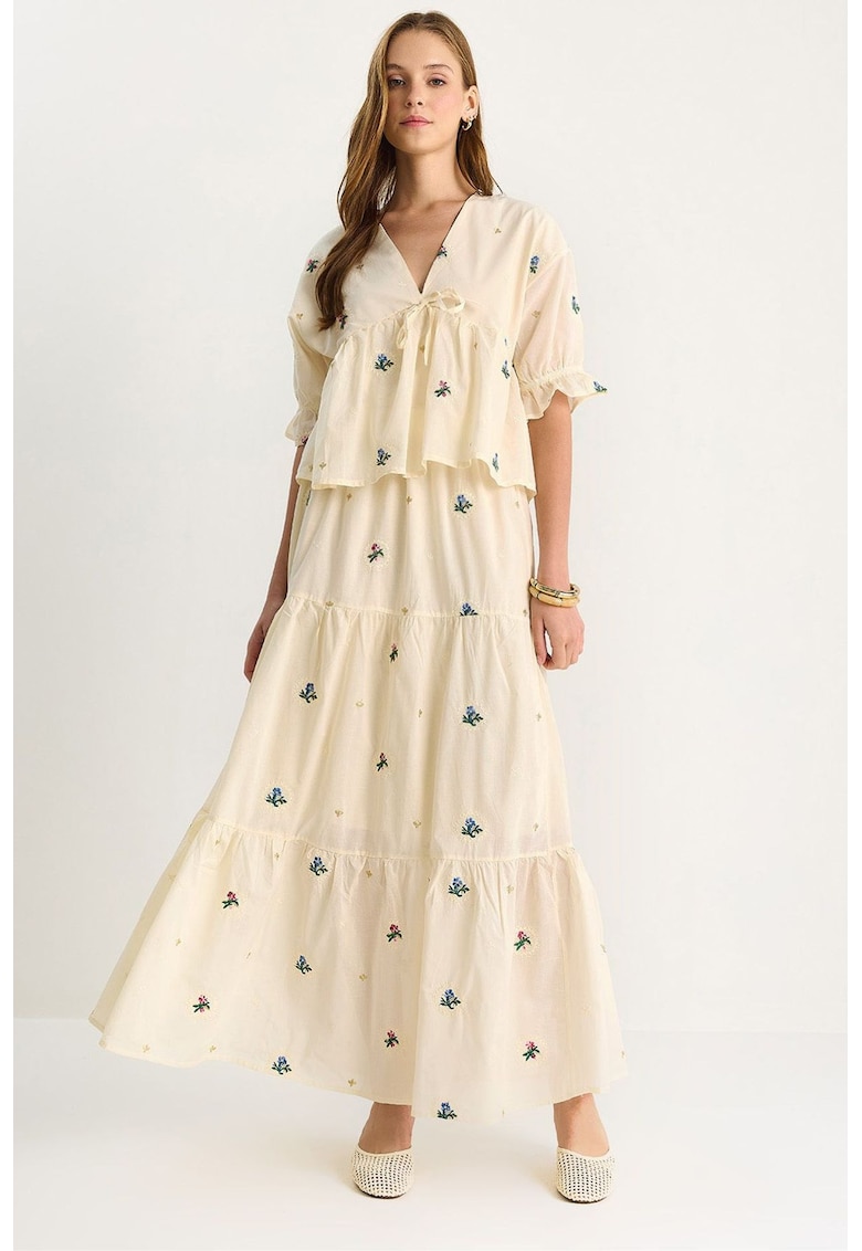 Set tricou si fusta maxi dama - supradimensionat - decolteu in V - broderie florala - in - bej