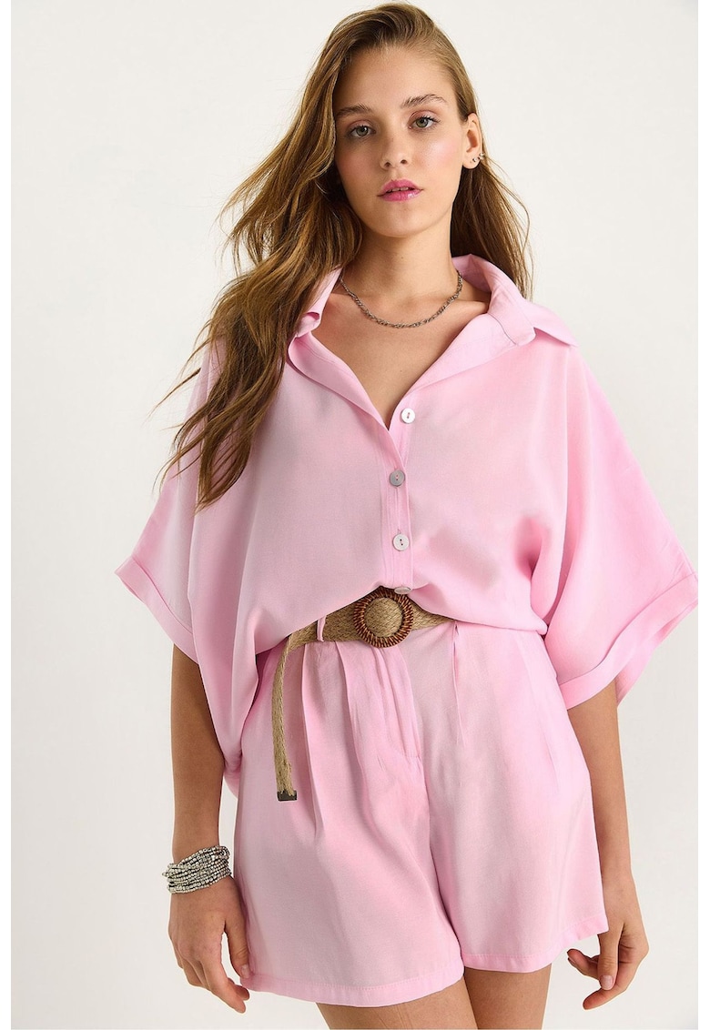 Set camasa si pantaloni scurti dama - talie inalta - textil - cu nasturi - roz pudrat -