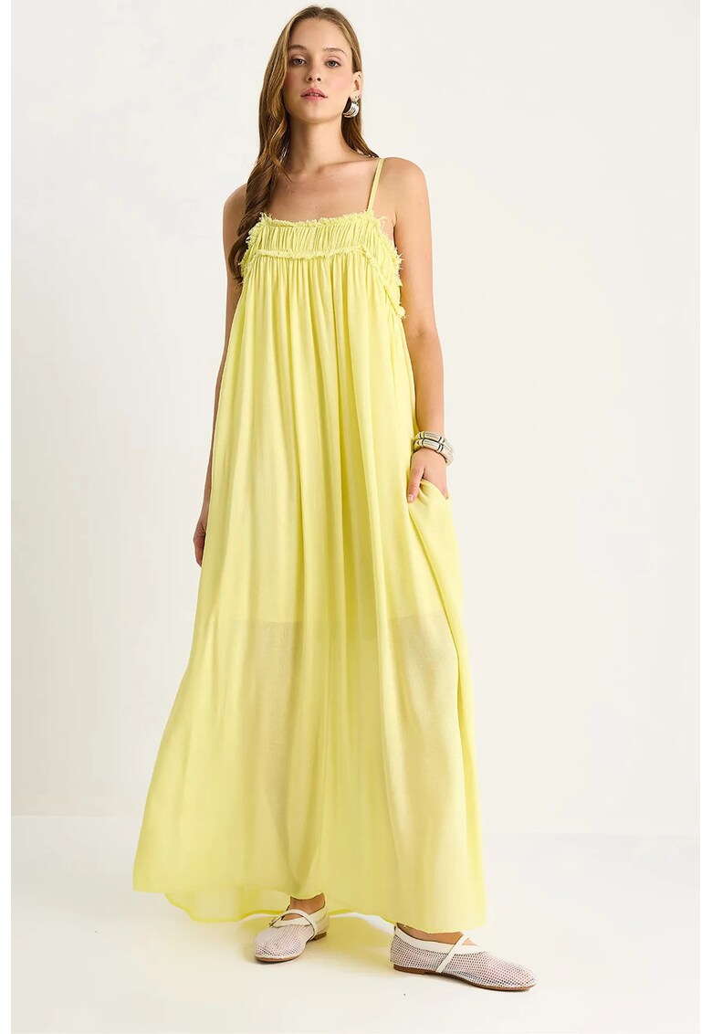 Rochie guler patrat - brodat - galben - textil