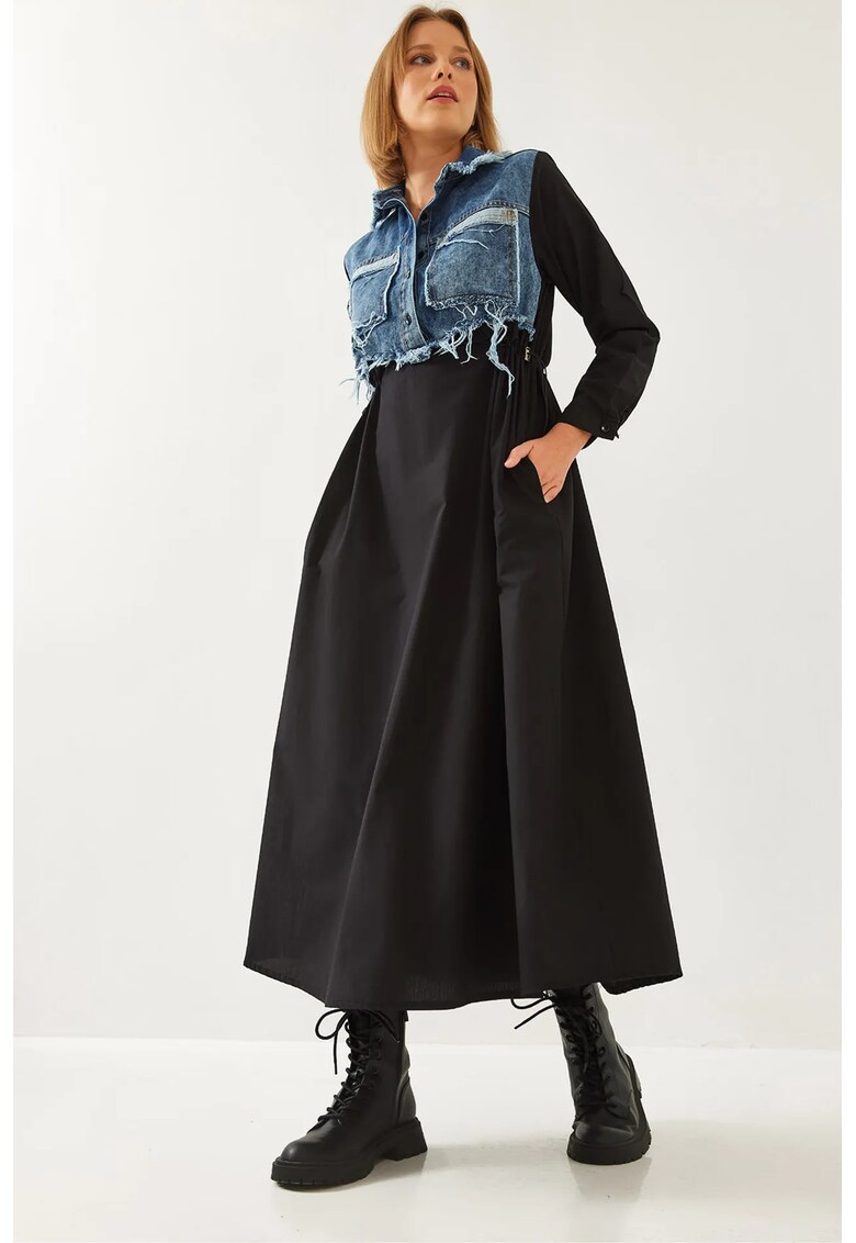 Midi - Femei - Rochie maxi din gabardina texturata LUCCI cu guler camasa si inchidere cu nasturi - Negru - S INTL -