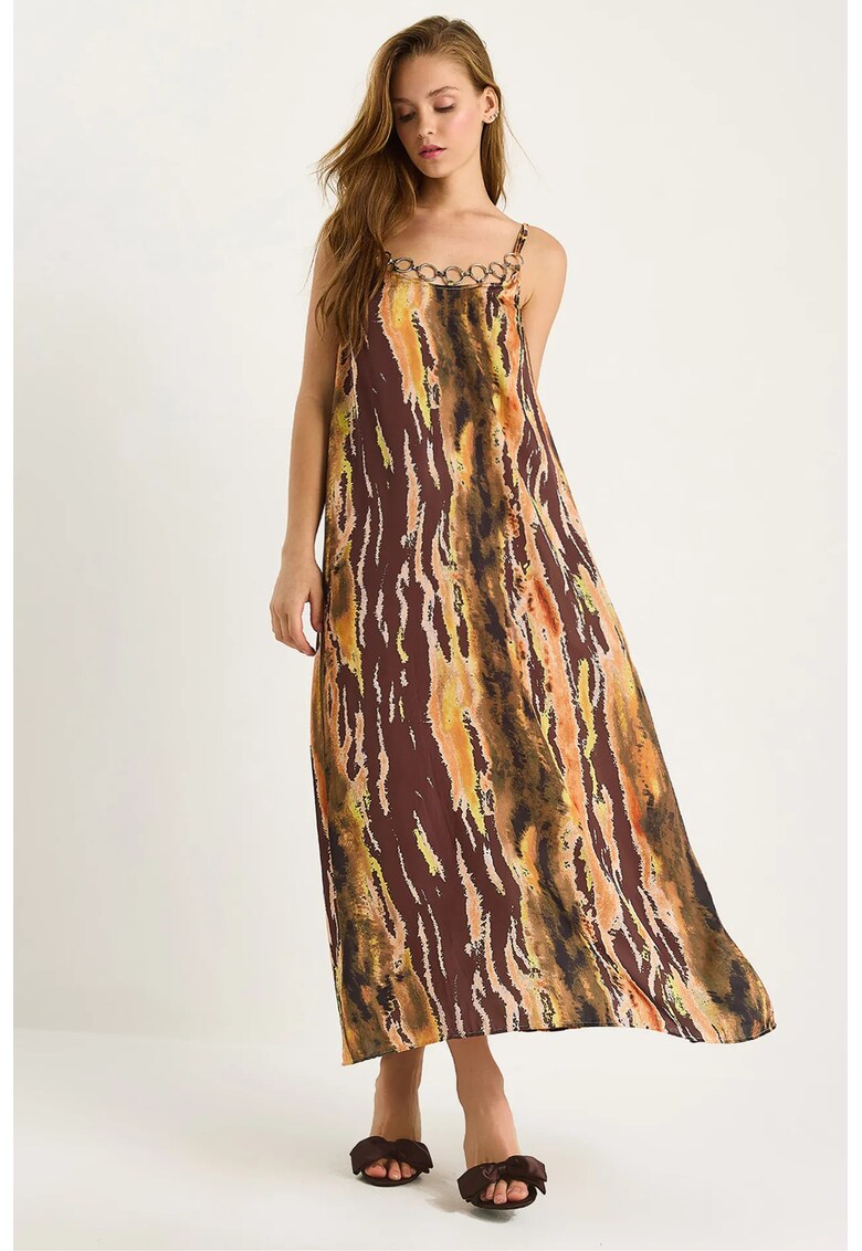 Rochie maxi - HiCCUP LUCCI - imprimeu - decolteu patrat - maro - textil