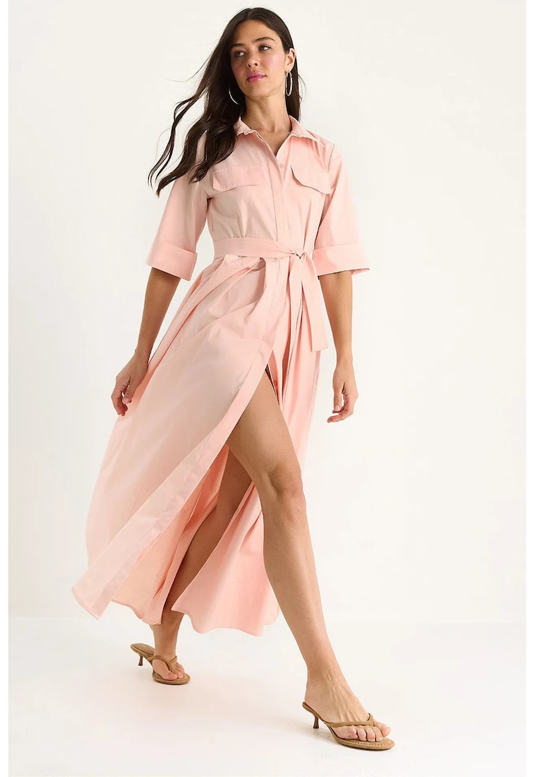 Rochie midi - LUCCI - tip camasa - inchidere cu nasturi - portocaliu pal - textil
