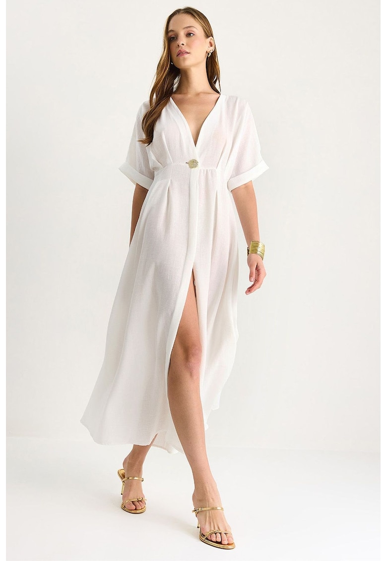 Rochie midi dama - textil - decolteu in V - cu slit - alb