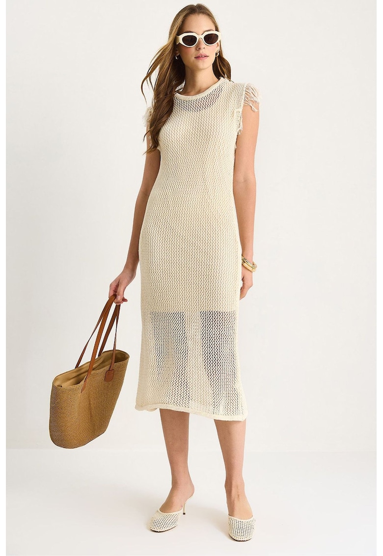 Rochie midi - texturata - cu volane - ecru - tul -