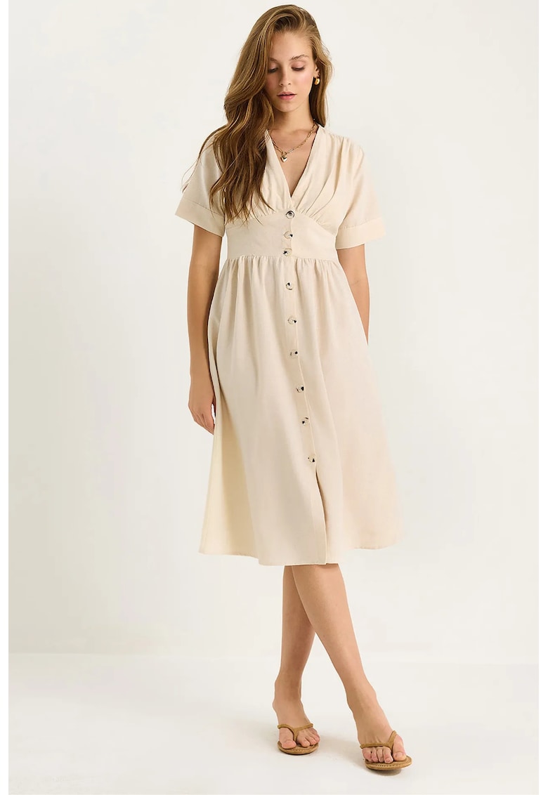 Rochie midi - HiCCUP - decolteu in V - textil - bej