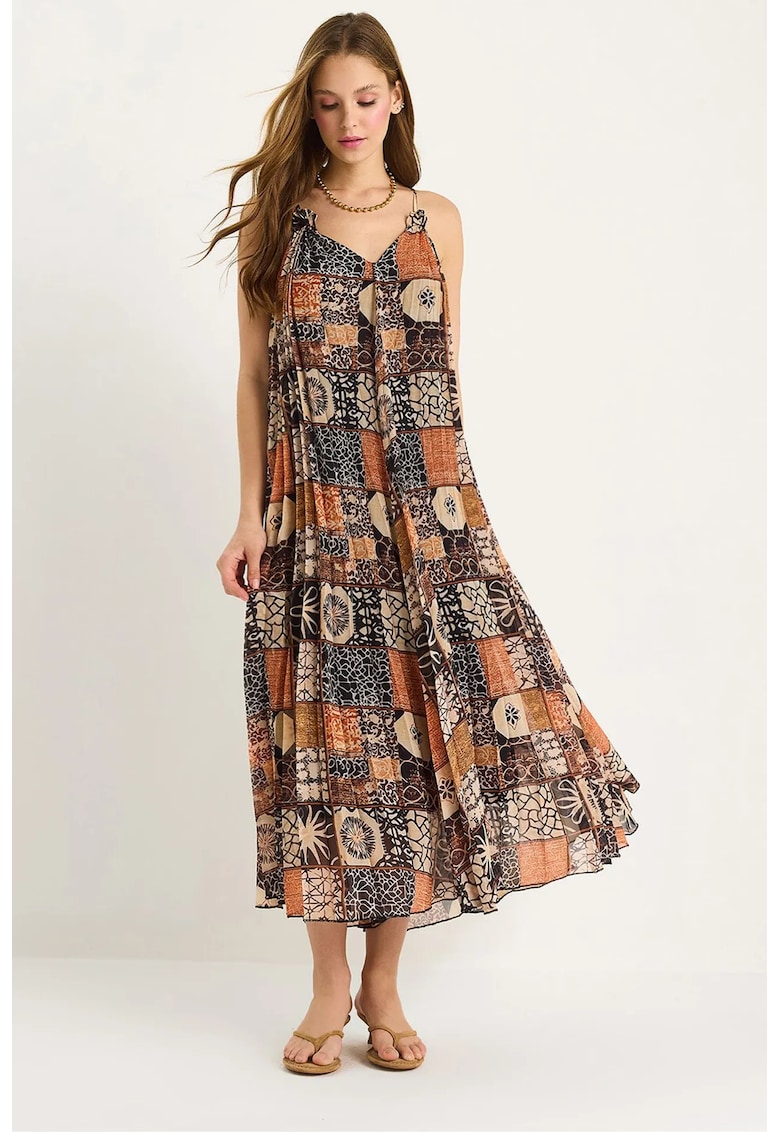 Rochie maxi - fara maneci - decolteu in V - multicolor - tul