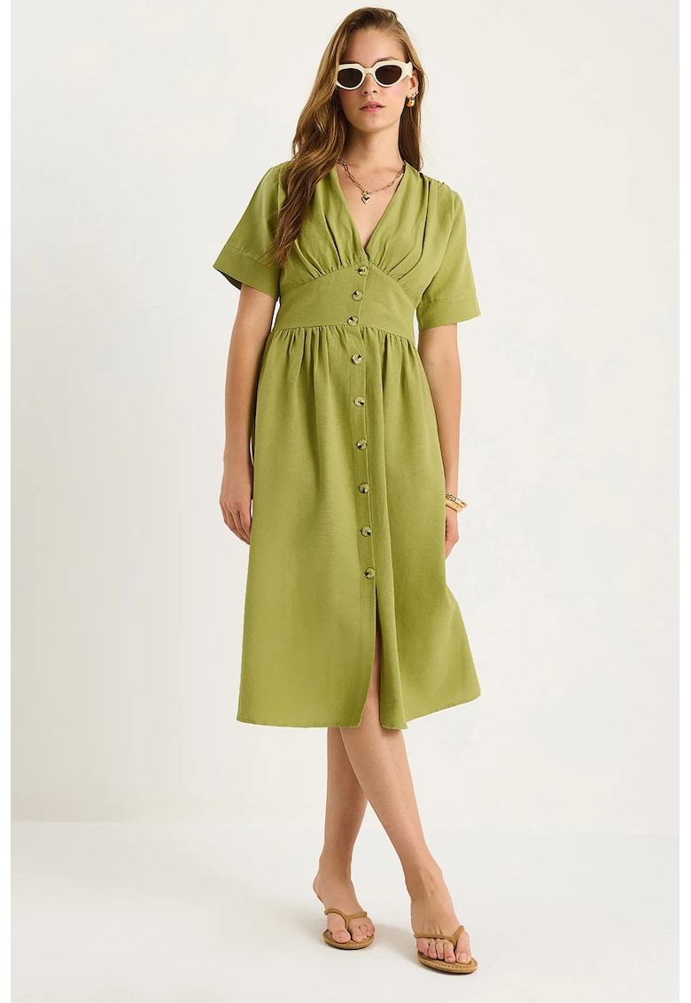 Rochie midi - HiCCUP - decolteu in V - textil - verde lime