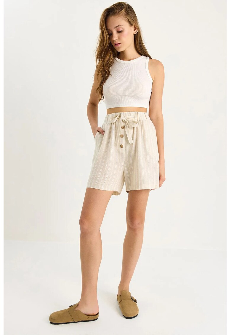 Pantaloni scurti - HiCCUP - din bumbac - cu dungi - talie inalta - bej