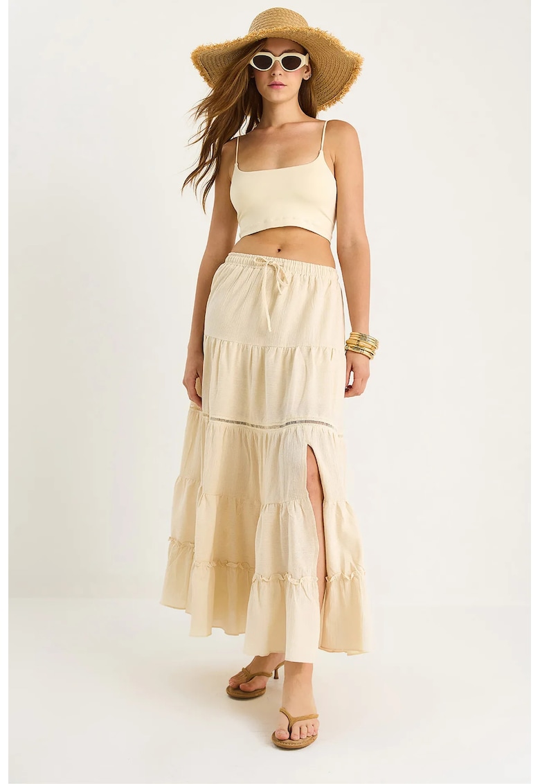 Fusta lunga texturata - talie inalta - bej - textil