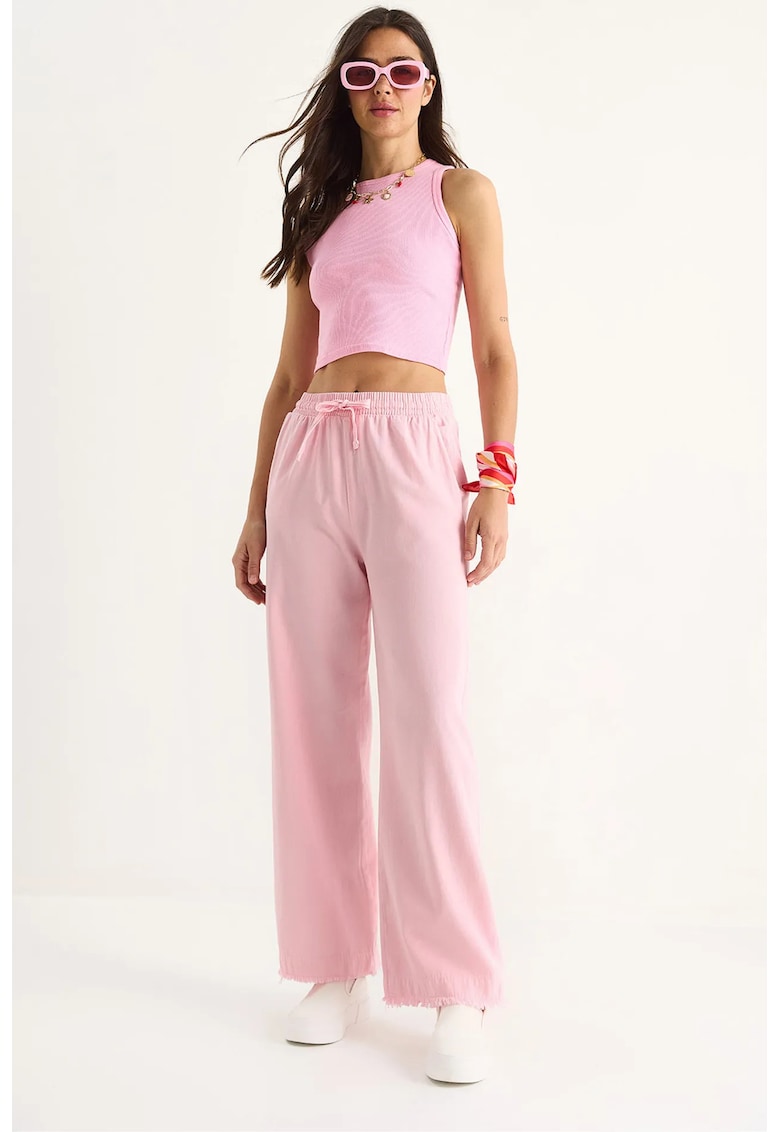 Pantaloni dama - bumbac - talie inalta - roz - Roz pudrat