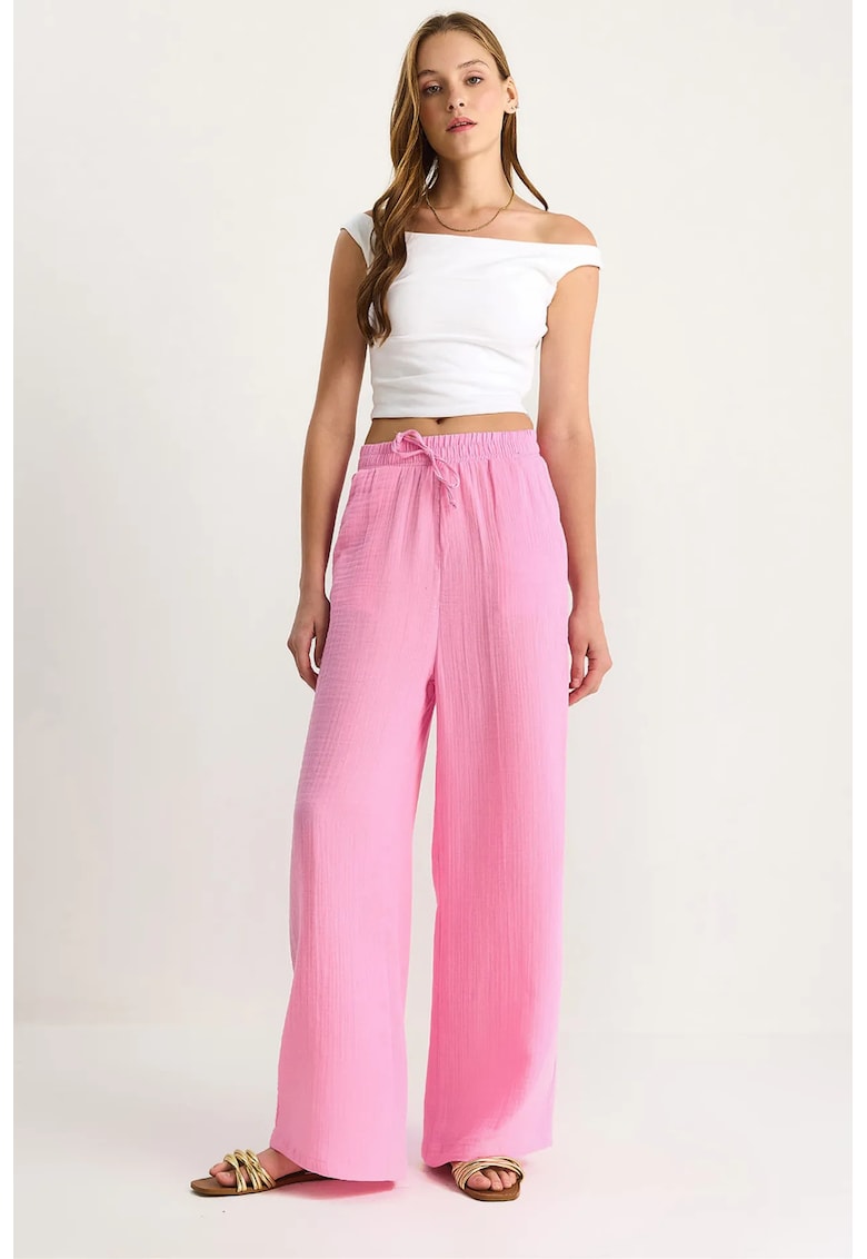 Pantaloni dama talie inalta - drepti - roz aprins - textil