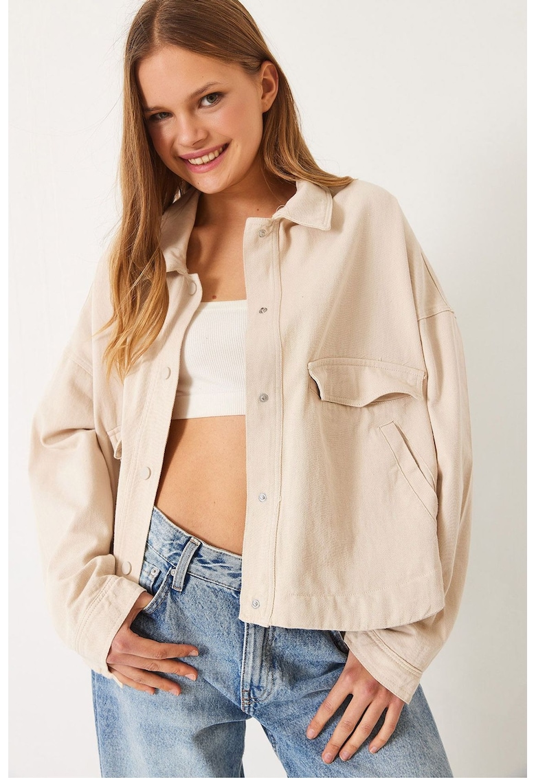Jacheta din gabardina - cu nasturi - natural - textil