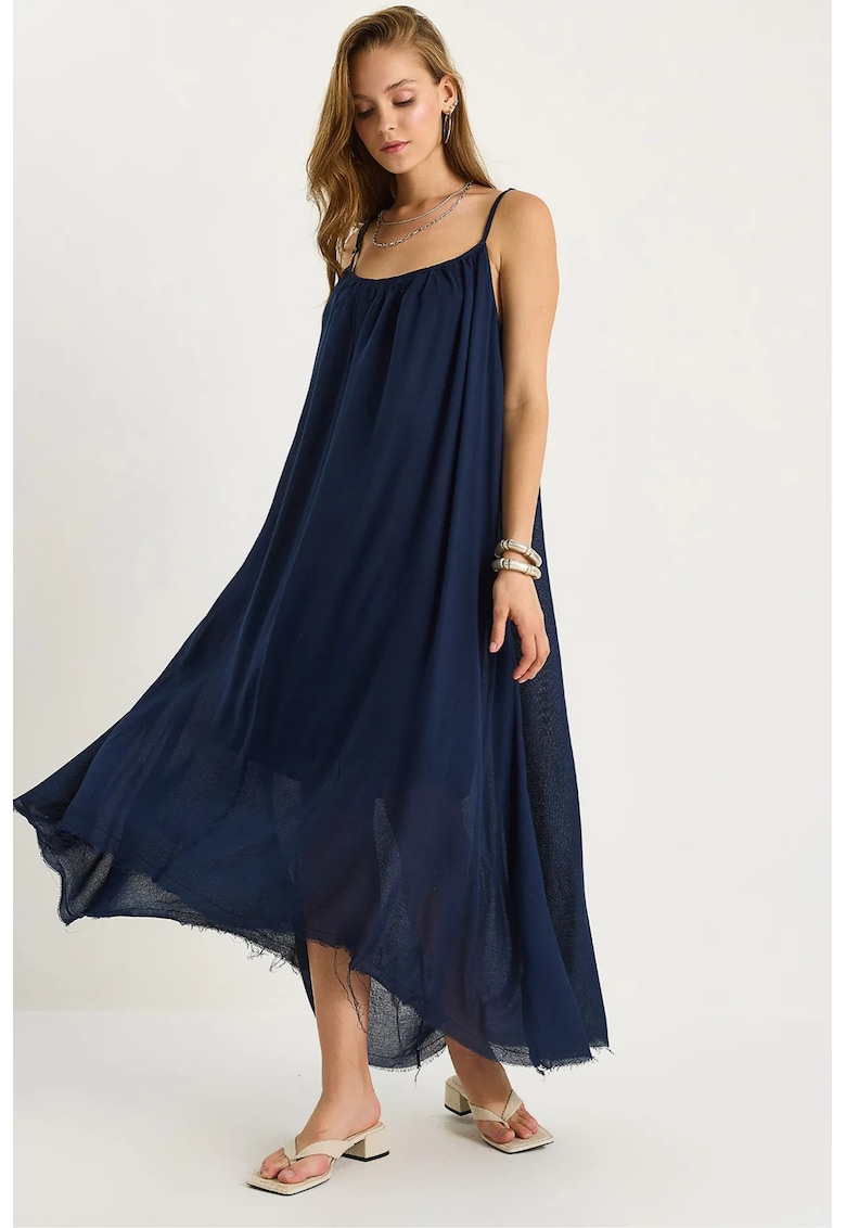 Rochie midi - LUCCI - guler rotund - bleumarin - bumbac