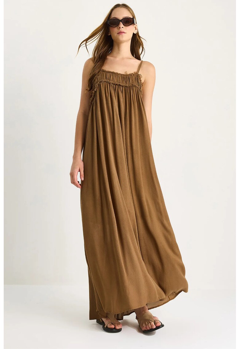 Rochie HiCCUP LUCCI - guler patrat - brodat - maro - textil