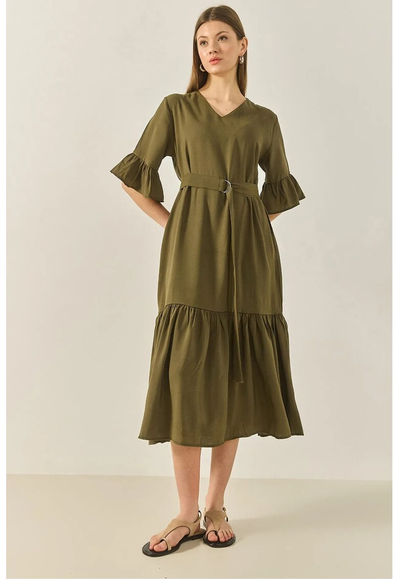 Rochie midi - HiCCUP LUCCI - croiala lejera - decolteu in V - kaki - viscoza