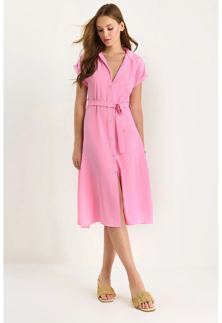 Rochie midi LUCCI - decolteu in V - cu nasturi - roz - textil