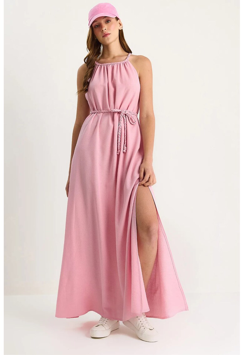 Rochie midi - HiCCUP - decolteu halter - roz pudrat - poliester si lycra