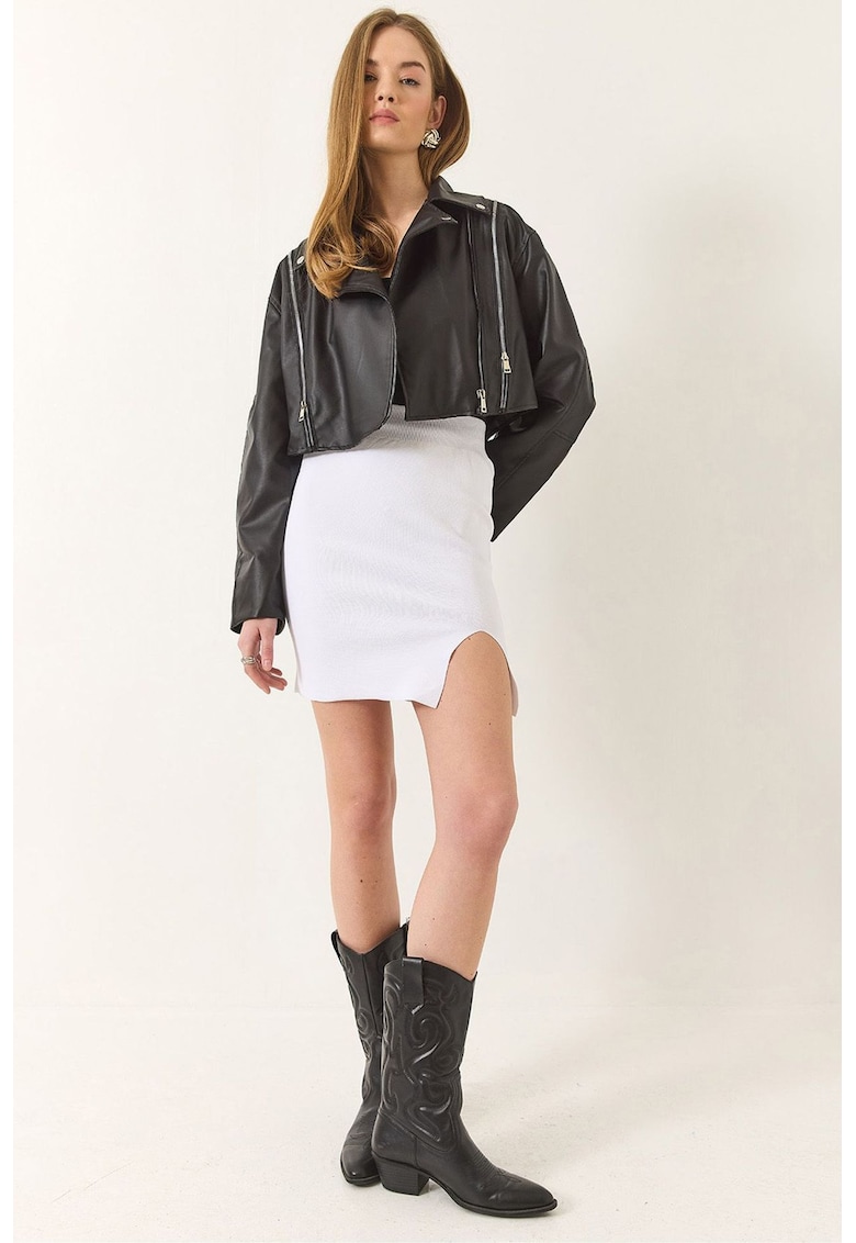 Fusta mini - talie inalta - crapatura - alb - textil -