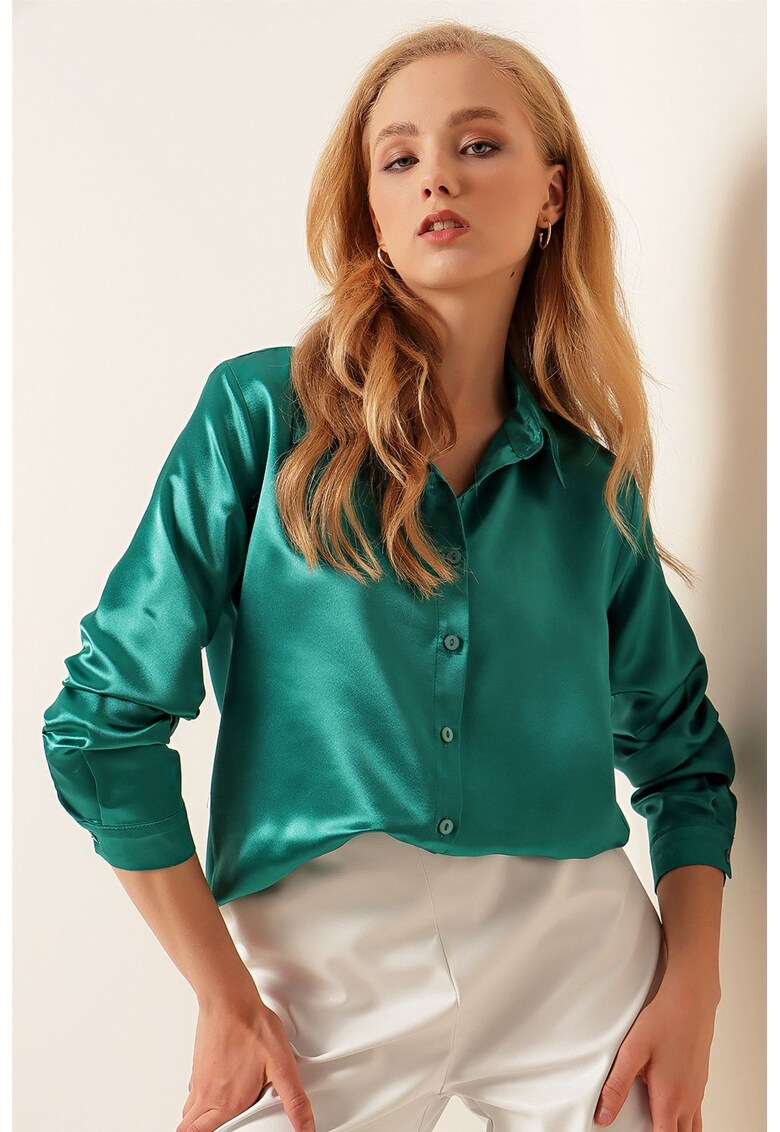 Camasa dama HiCCUP - maneca lunga - verde padure - satinata - poliester