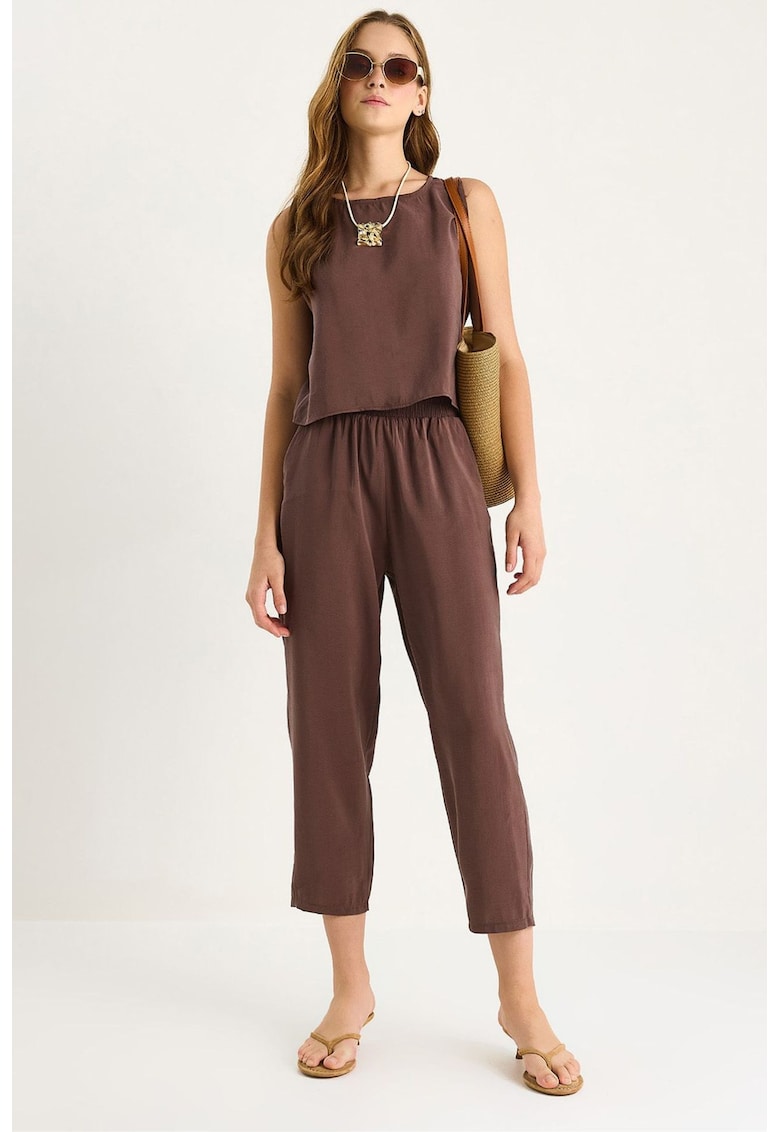 Set costume dama - tunica cu maneca lunga si pantaloni lati - maro - textil