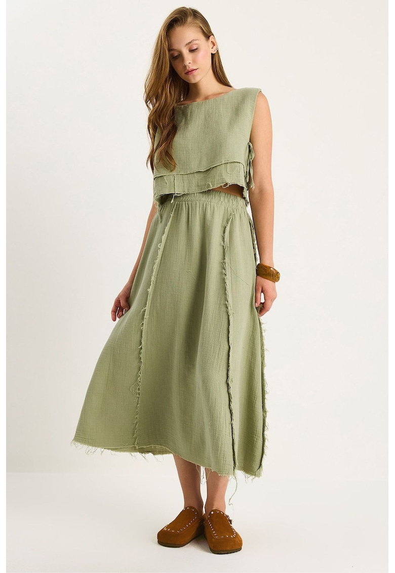 Set costume dama - tunica texturata si pantaloni cu croi larg - verde padure - bumbac