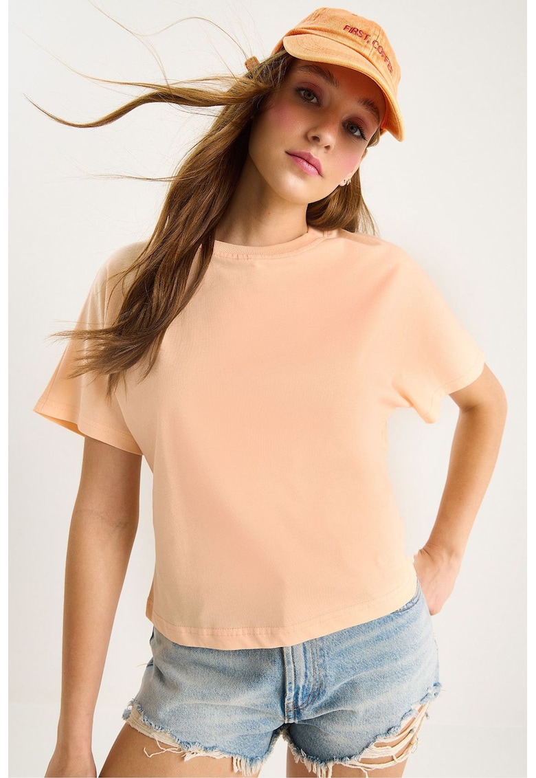 Tricou dama guler rotund - bumbac - portocaliu pal - maneca scurta