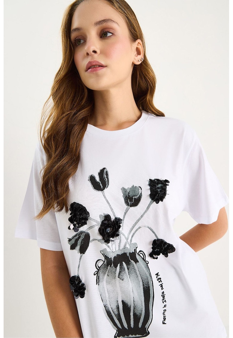 Tricou dama guler rotund - imprimeu cu paiete - alb - jerseu