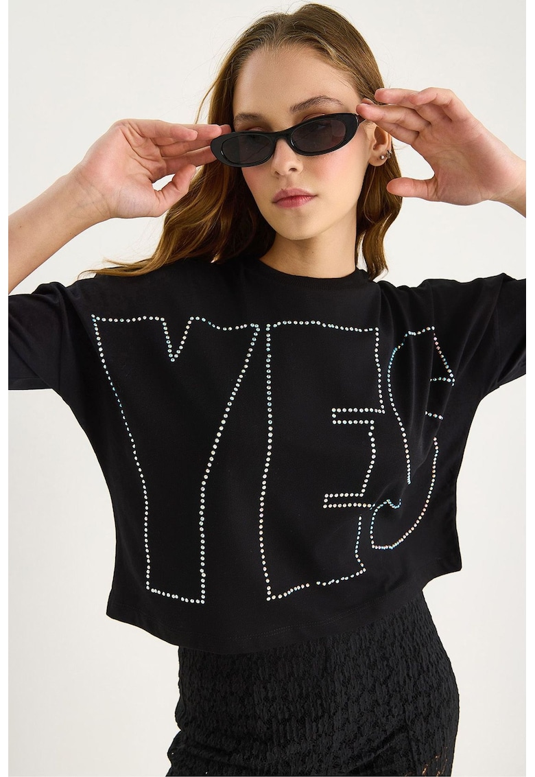 Tricou dama Comfort Fit - guler rotund - detalii cu perle - negru - jerseu -