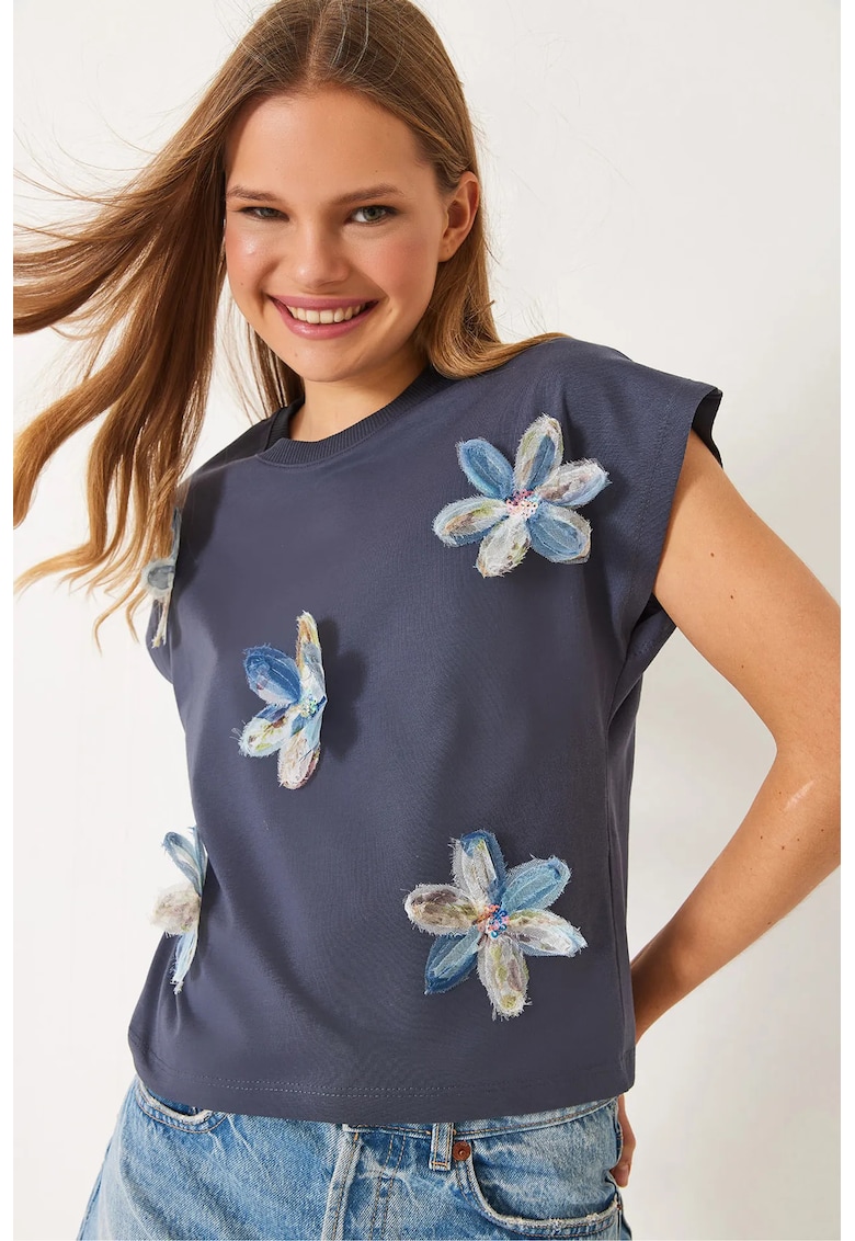Tricou dama - brodat - gri inchis - maneca scurta - Gri inchis