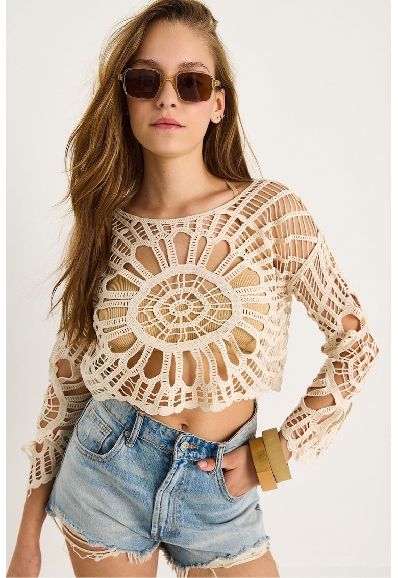 Bluza dama - crop - decolteu tip barca - crem - tricot -