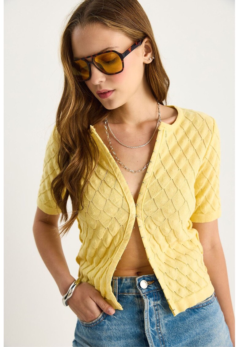 Top dama - bluza texturata - decolteu in V - galben mustar - tricot -