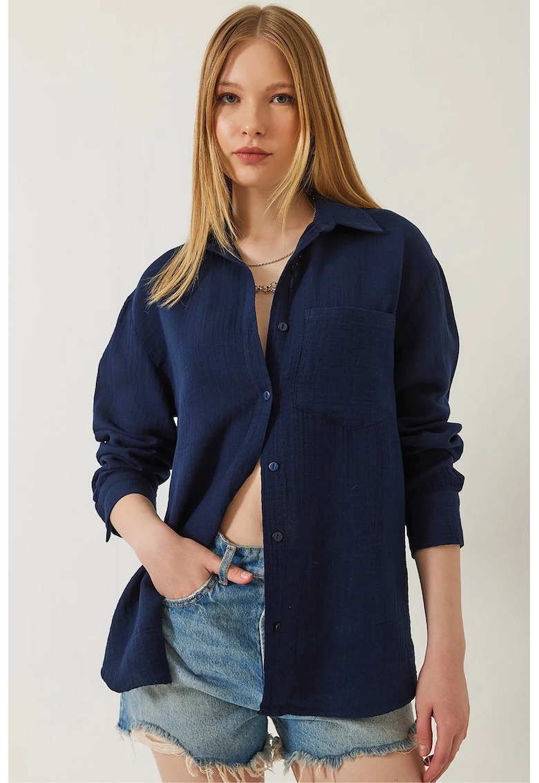 Camasi dama - texturata cu maneca lunga - buzunar - bleumarin - textil -