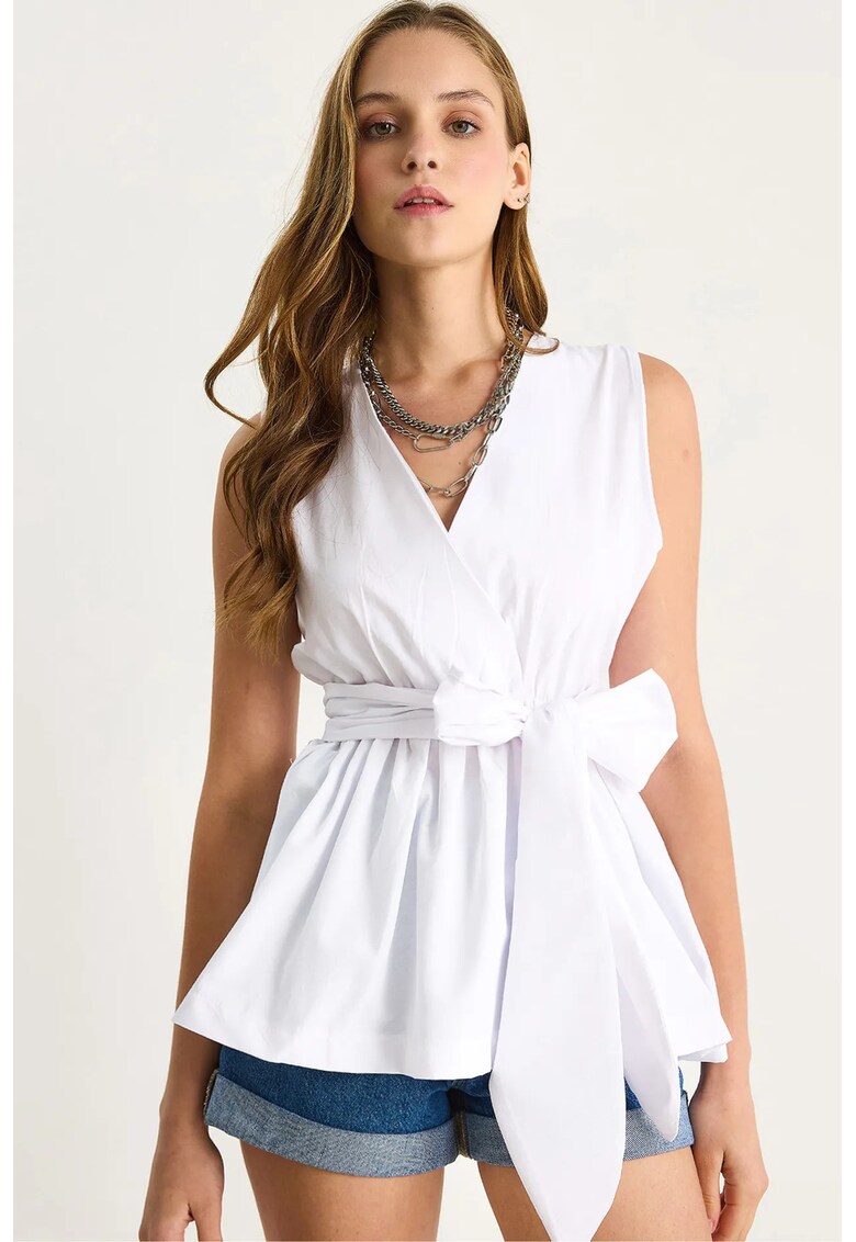 Bluza dama HiCCUP - lunga - decolteu in V - alb - textil