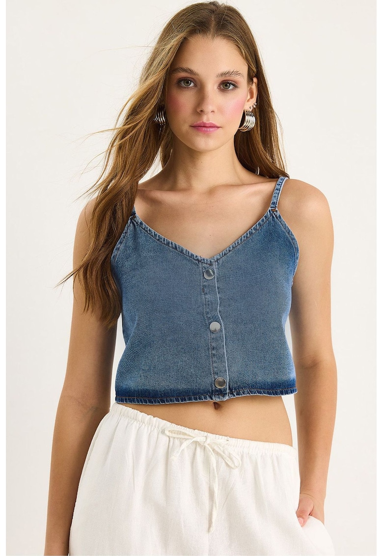 Top dama din bumbac - decolteu in V - cu nasturi - albastru