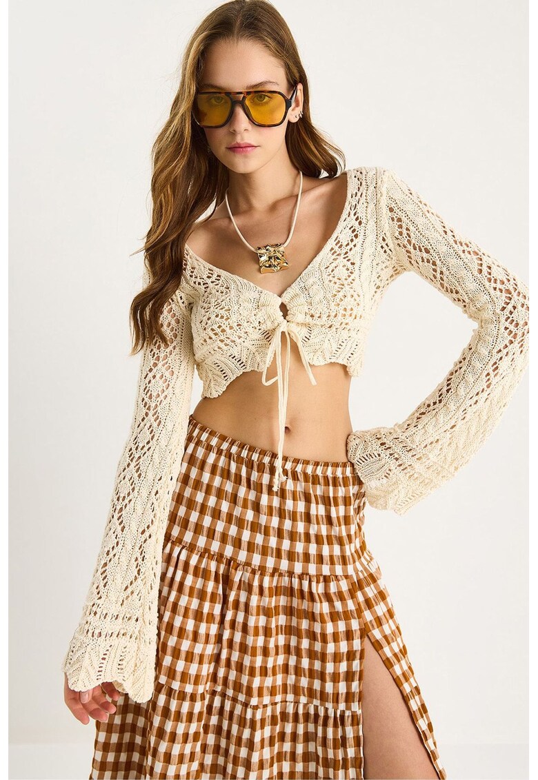 Top scurt dama - decolteu in V - ecru - tricot -