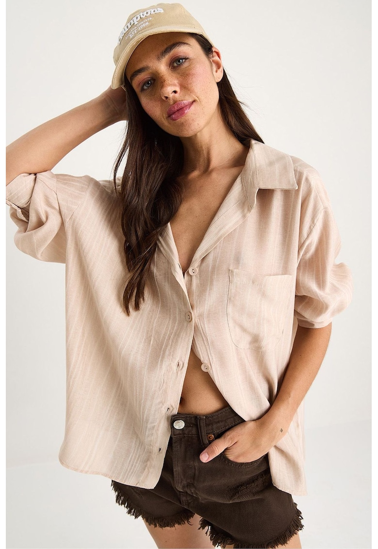 Camasa dama - cu maneca lunga - buzunar cu nasturi - bej - textil -