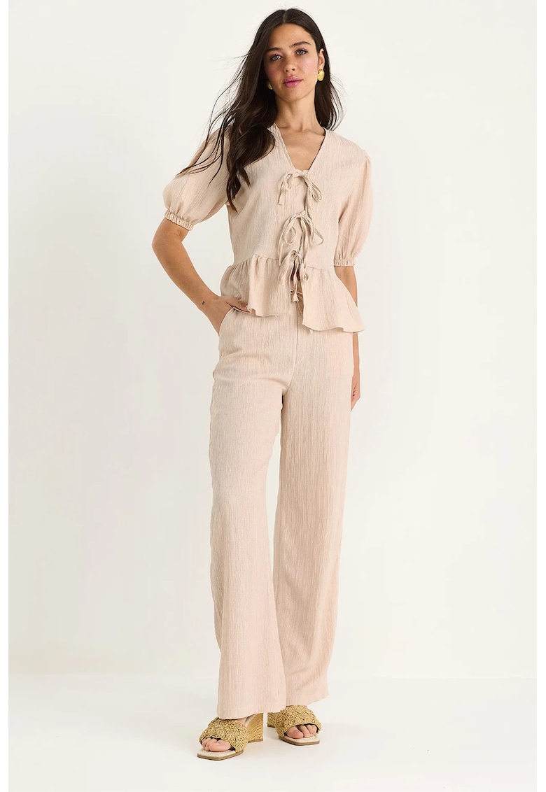 Compleu dama LUCCI - textil - texturat - bej - talie inalta