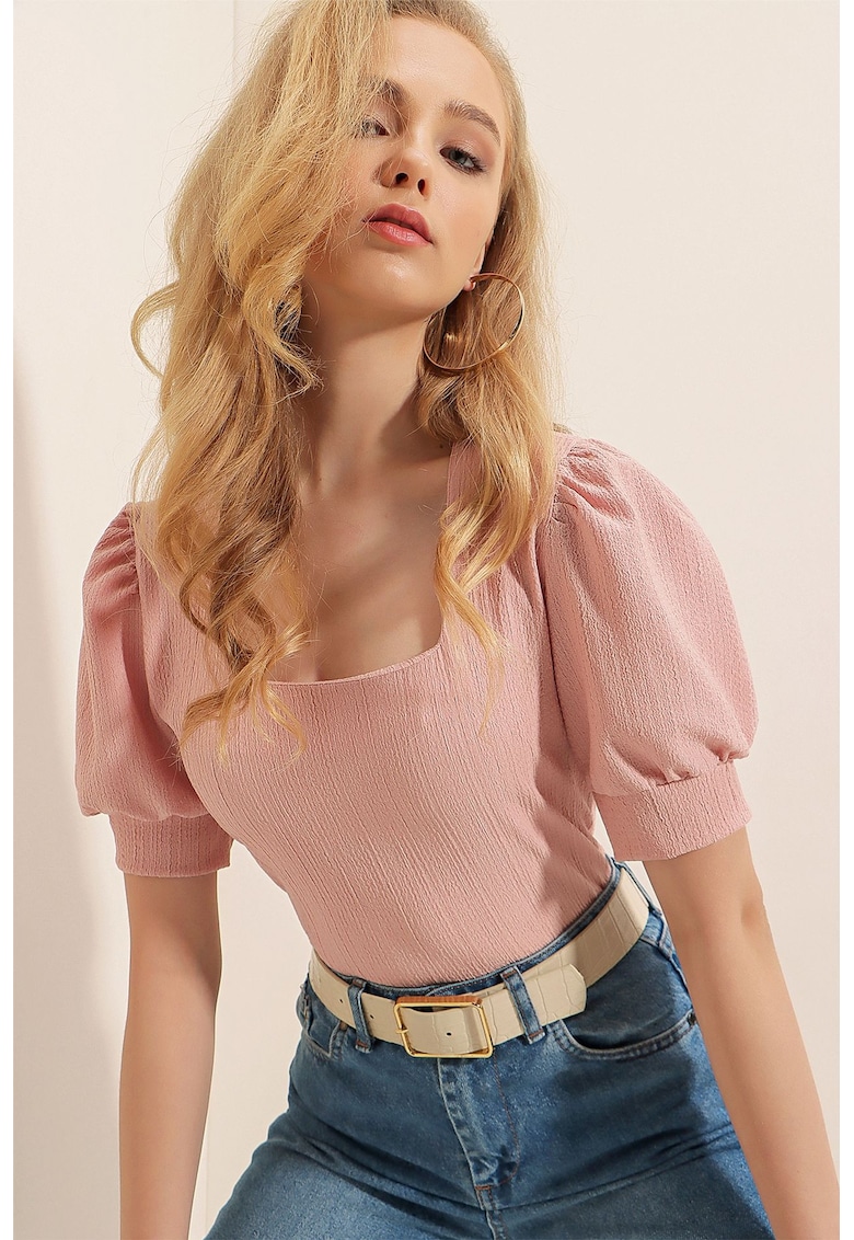 Top dama HiCCUP BDART - slim fit - guler patrat - textil - roz pudrat