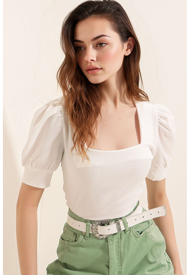 Top dama BDART - slim fit - guler patrat - textil - alb