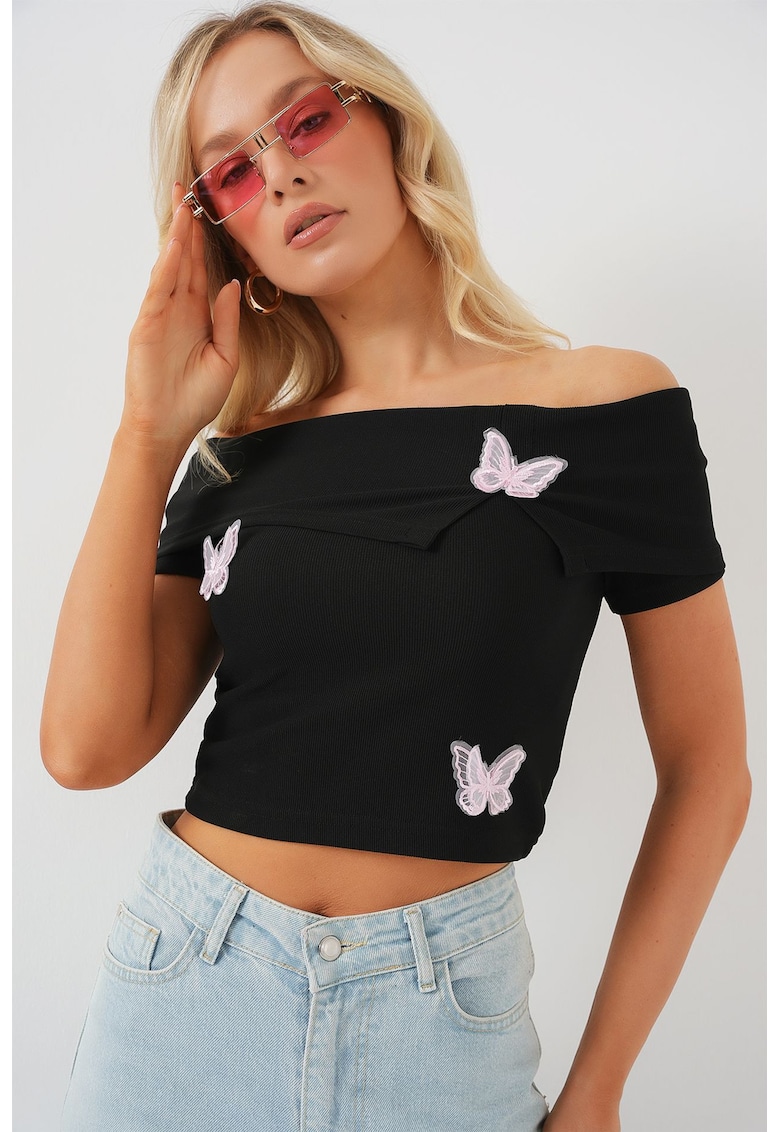 Top cu umerii goi BDART - brodat - negru - jerseu