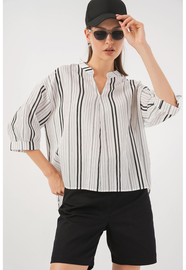 Bluza dama HiCCUP BDART - cu dungi - decolteu in V - textil - bej stins