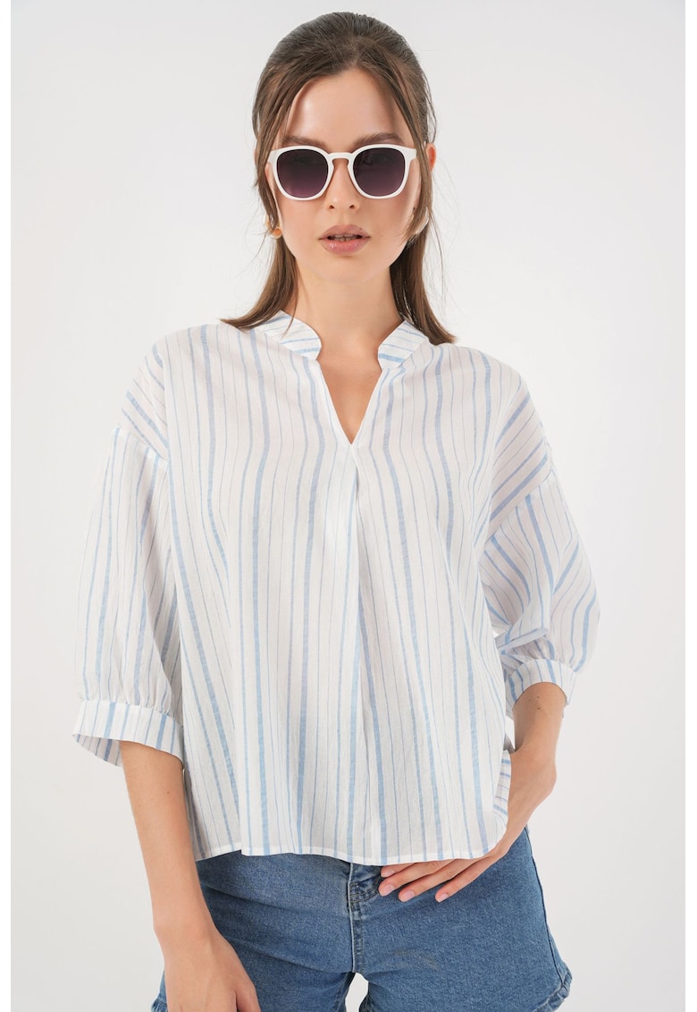 Bluza dama HiCCUP BDART - cu dungi - decolteu in V - textil - albastru deschis