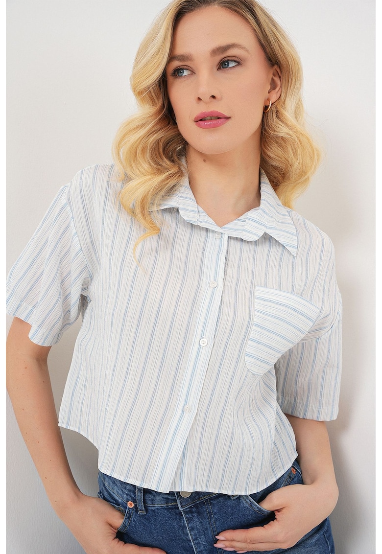 Camasa scurta HiCCUP cu dungi - buzunar - albastru glaciar - textil